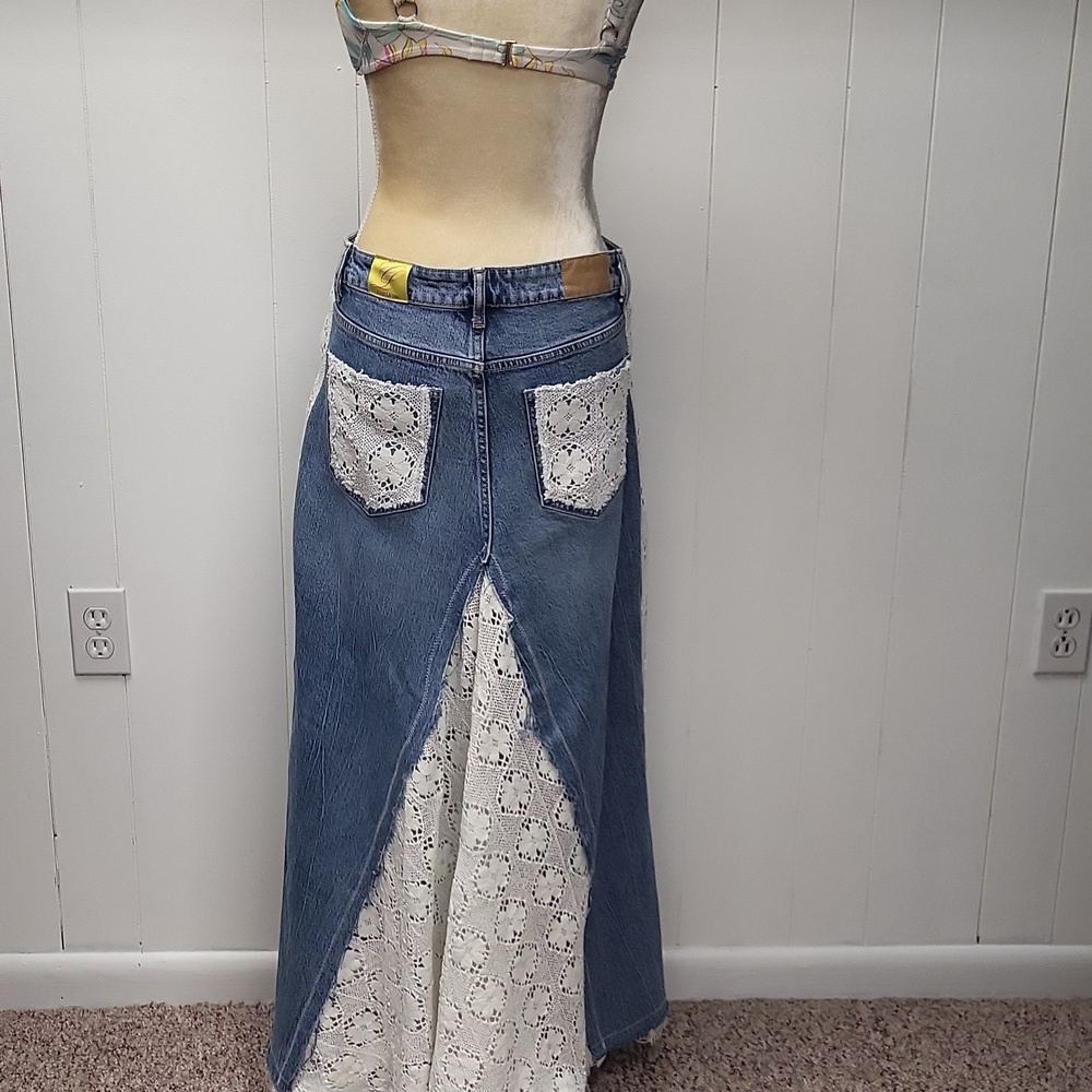 Boho Denim Maxi Skirt with White Lace Panels, Size 8 - Picture 9 of 11